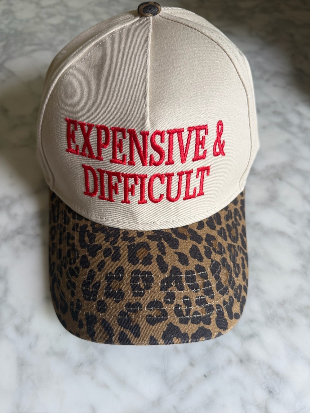 Leopard Red & Beige 'Expensive & Difficult' Embroidered Trucker Hat 100% Cotton